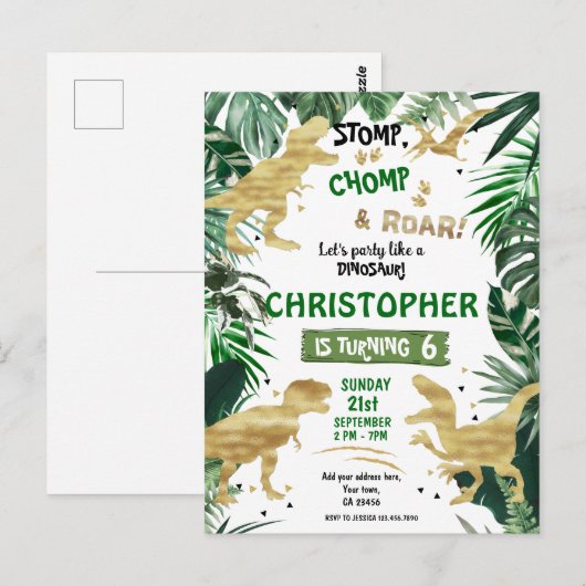 Carte Postale Fête d'anniversaire sur le thème des dinosaures (Devant / Derrière)