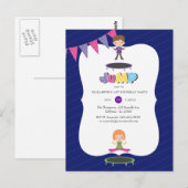 Carte Postale Fête d'anniversaire sur trampoline bleu et violet  (Devant / Derrière)