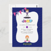 Carte Postale Fête d'anniversaire sur trampoline Violet Royal et (Devant / Derrière)