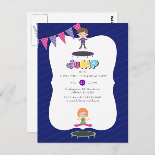 Carte Postale Fête d'anniversaire sur trampoline Violet Royal et (Devant / Derrière)