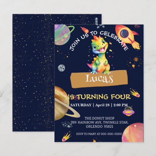 Carte Postale Fête d'anniversaire thème Galaxie arc-en-ciel Dino (Devant / Derrière)