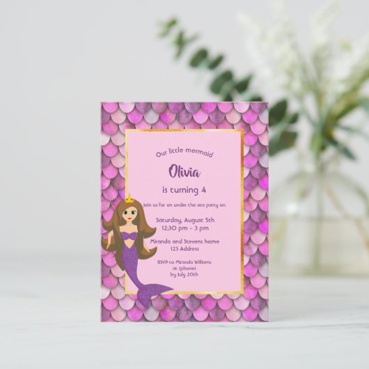 Carte Postale fête d'anniversaireMermaid princesse rose violet (Debout devant)