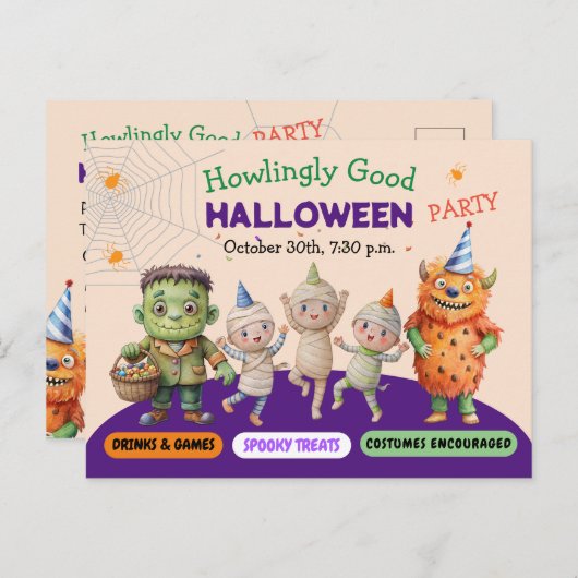 Carte Postale Fête de costumes d'Halloween Monstres danse amusan (Devant / Derrière)