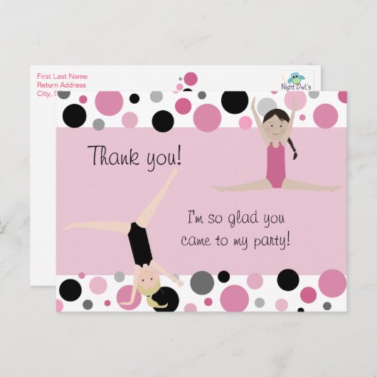 Carte Postale Fête de gymnastique Merci en rose, gris et noir (Devant / Derrière)