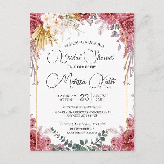 Carte Postale Fête de mariage Floral Bourgogne Or Eucalyptus (Devant)