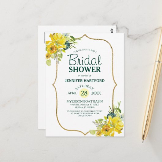 Carte Postale Fête de Mariage Florale Jaune Printemps en Fleur (Devant/Arrière en situation)