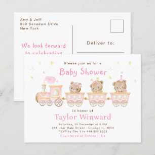 Carte Postale Fête de Naissance du Bébé au Train Rose Ours