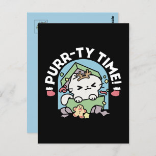 Carte Postale Fête de Noël avec Purr-ty Time Cat
