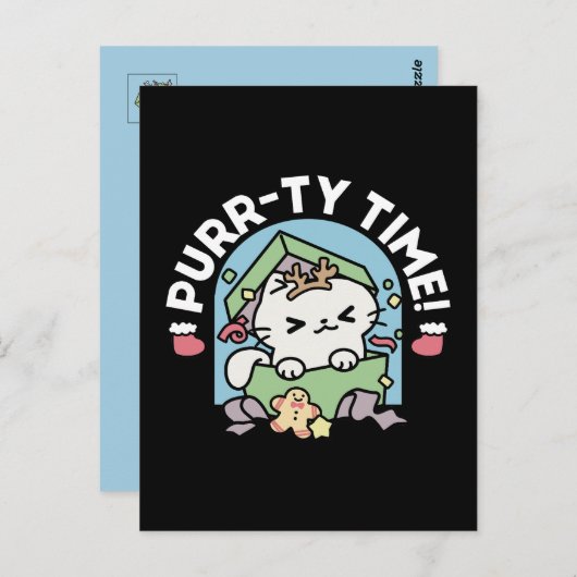 Carte Postale Fête de Noël avec Purr-ty Time Cat (Devant / Derrière)
