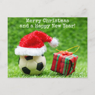 Carte Postale Fête de Noël de football avec chapeau de Père Noël