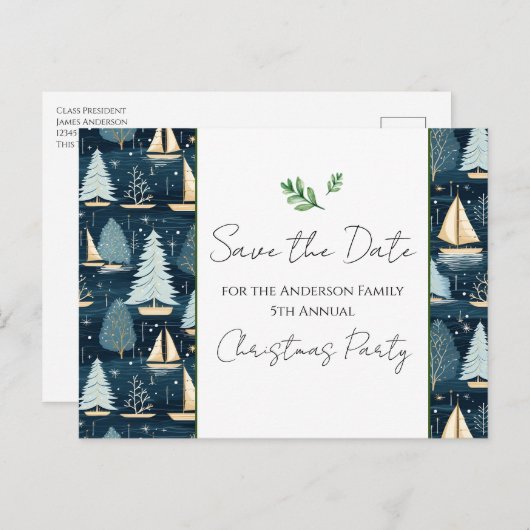 Carte Postale Fête de Noël en famille Voilier Enregistrer la dat (Devant / Derrière)