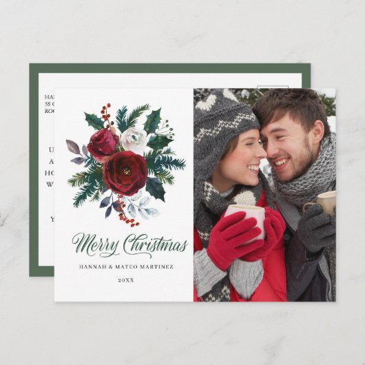 Carte Postale Fête de Noël Floral Rouge (Devant / Derrière)