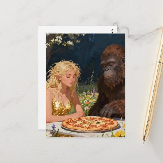 Carte Postale Fête de pizza Saquatch et fée (Devant/Arrière en situation)