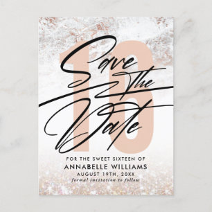 Carte Postale Fête des 16 ans Rose Gold Marble Enregistrez La Da