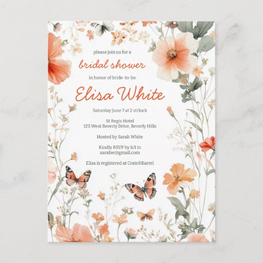 Carte Postale Fête des mariées d'aquarelle Papillon Meadow PERSO (Devant)