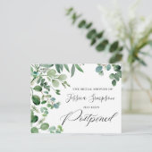 Carte Postale Fête des mariées Date reportée Élégant Eucalyptus (Debout devant)