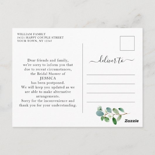 Carte Postale Fête des mariées Date reportée Élégant Eucalyptus (Dos)