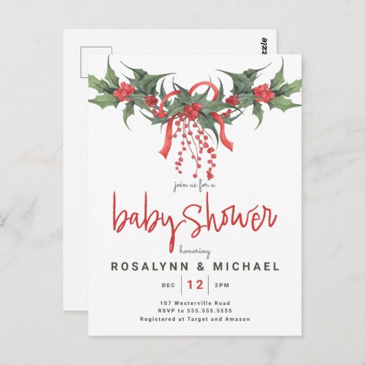 Carte Postale FÊTE DES MARIÉES | Noël Holiday Holly Floral (Devant / Derrière)