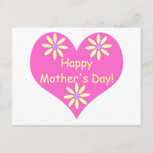Carte Postale Fête des mères Coeur rose et Fleurs jaunes