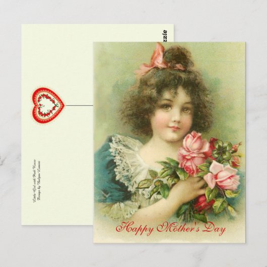 Carte Postale Fête des mères de la petite fille aux roses roses  (Devant / Derrière)