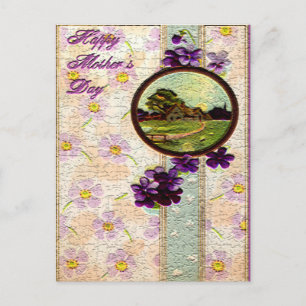 Carte Postale Fête des Mères - Fleurs pourpres, Soleil et Paysag