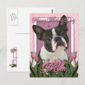 Carte Postale Fête des mères - Tulipes roses - Boston Terrier (Devant / Derrière)