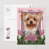 Carte Postale Fête des mères - Tulipes roses - Yorkshire Terrier (Devant / Derrière)