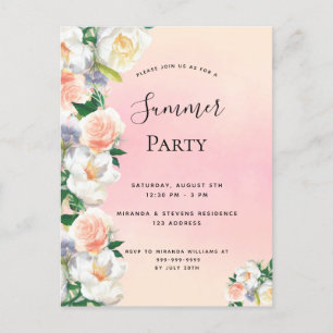 Carte Postale Fête d'été fleurs luxuriantes corail pêche invitat