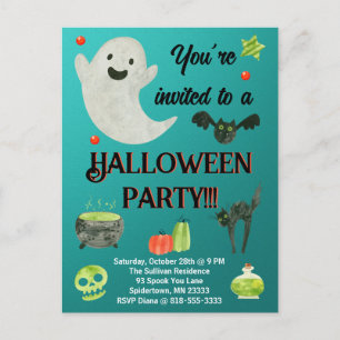 Carte Postale Fête d'Halloween Bleu Turquoise et Vert