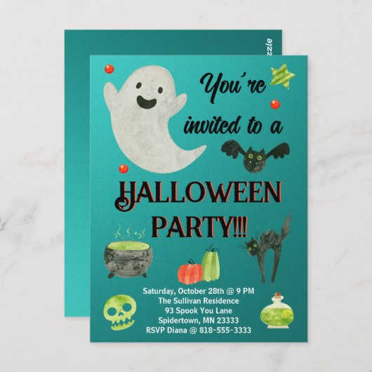Carte Postale Fête d'Halloween Turquoise et vert (Devant / Derrière)