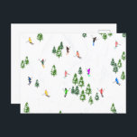 Carte Postale Fête d'Illustration de ski alpin Freeride<br><div class="desc">skieur d'hiver cool design motif avec skieurs skieurs sur les pistes de la station de ski alpin parmi des sapins enneigés dans les alpes. Les skieurs freeride portent des combinaisons de ski rétro vintages et colorées, descendent en ski avec des skis sur un arrière - plan de paysage de montagne...</div>