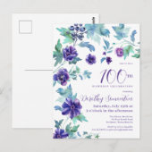 Carte Postale Fête du 100e Anniversaire de Florale Pourpre Foncé (Devant / Derrière)