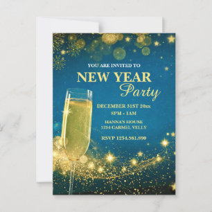 Carte Postale Fête du Nouvel An élégante or et bleu