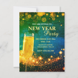 Carte Postale Fête du Nouvel An élégante or et bleue