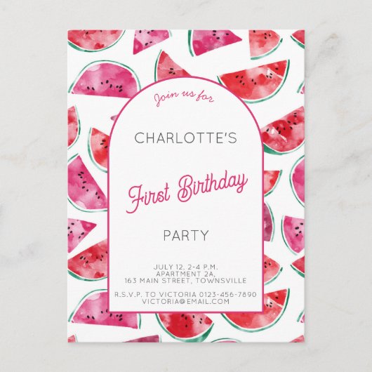 Carte Postale Fête du premier anniversaire à la pastèque (Devant)