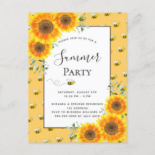 Carte Postale Fête estivale bumble abeilles tournesols jardin ba