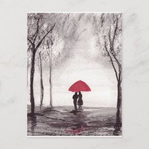 Carte Postale Fête mariage du couple d'amour parapluie rouge