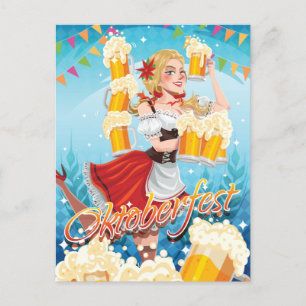 Carte Postale Fête Oktoberfest Maid en rouge avec des bières