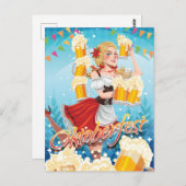 Carte Postale Fête Oktoberfest Maid en rouge avec des bières (Devant / Derrière)