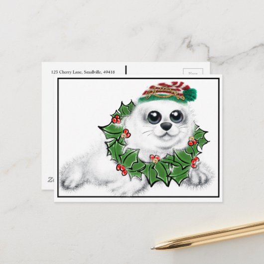 Carte Postale Fête Seal pup | Couronne de Noël (Devant/Arrière en situation)