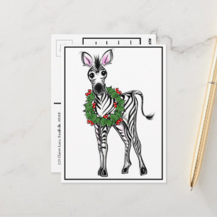Carte Postale Fête Zebra   couronne rouge verte de Noël