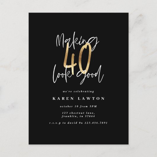 Carte Postale fêter 40 ans avec style or moderne et noir anniver (Devant)