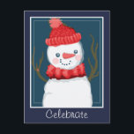 Carte Postale Fêter les fêtes Snowman<br><div class="desc">numériquement bonhomme de neige de couleur en rouge foulard rayé et casquette tricoté rouge. Il y a une petite forme cardiaque sur sa branche. Options de texte réglables à l'avant et à l'arrière de la carte. Oeuvre de Valarie Wade.</div>