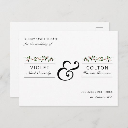 Carte Postale Fêtes d'hiver Mariage Red Berry Enregistrer la dat (Devant / Derrière)