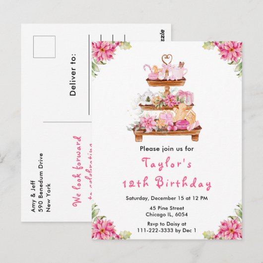 Carte Postale Fêtes Thé de Noël Anniversaire Fête Rose (Devant / Derrière)