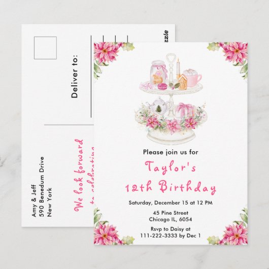 Carte Postale Fêtes Thé de Noël Anniversaire Fête Rose (Devant / Derrière)