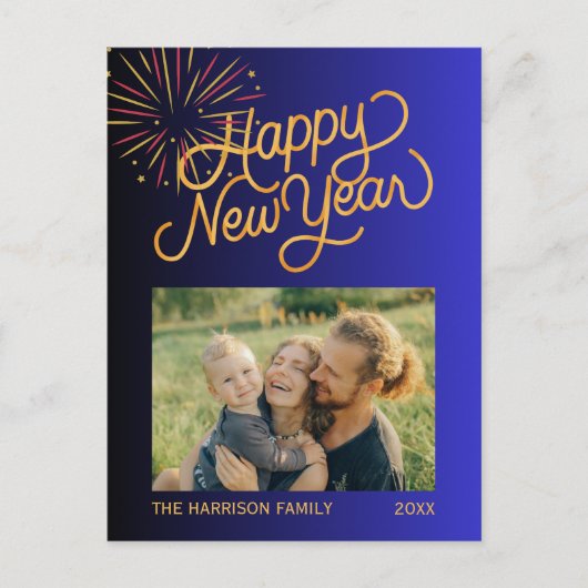 Carte Postale Feu d'artifice Joyeux Nouvel An Photo Blue Gradien (Devant)