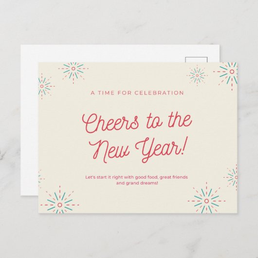 Carte Postale Feu d'artifice rose et vert Nouvel An Salutations  (Devant / Derrière)