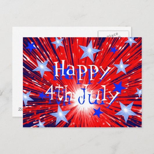 Carte Postale Feu d'artifice Rouge Bleu Bleu 'Joyeux 4 Juillet'  (Devant / Derrière)