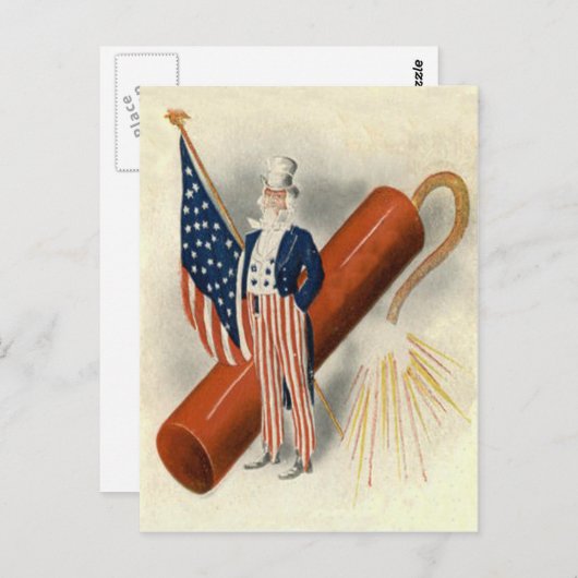 Carte Postale Feu d'artifice Uncle Sam US Drapeau (Devant / Derrière)